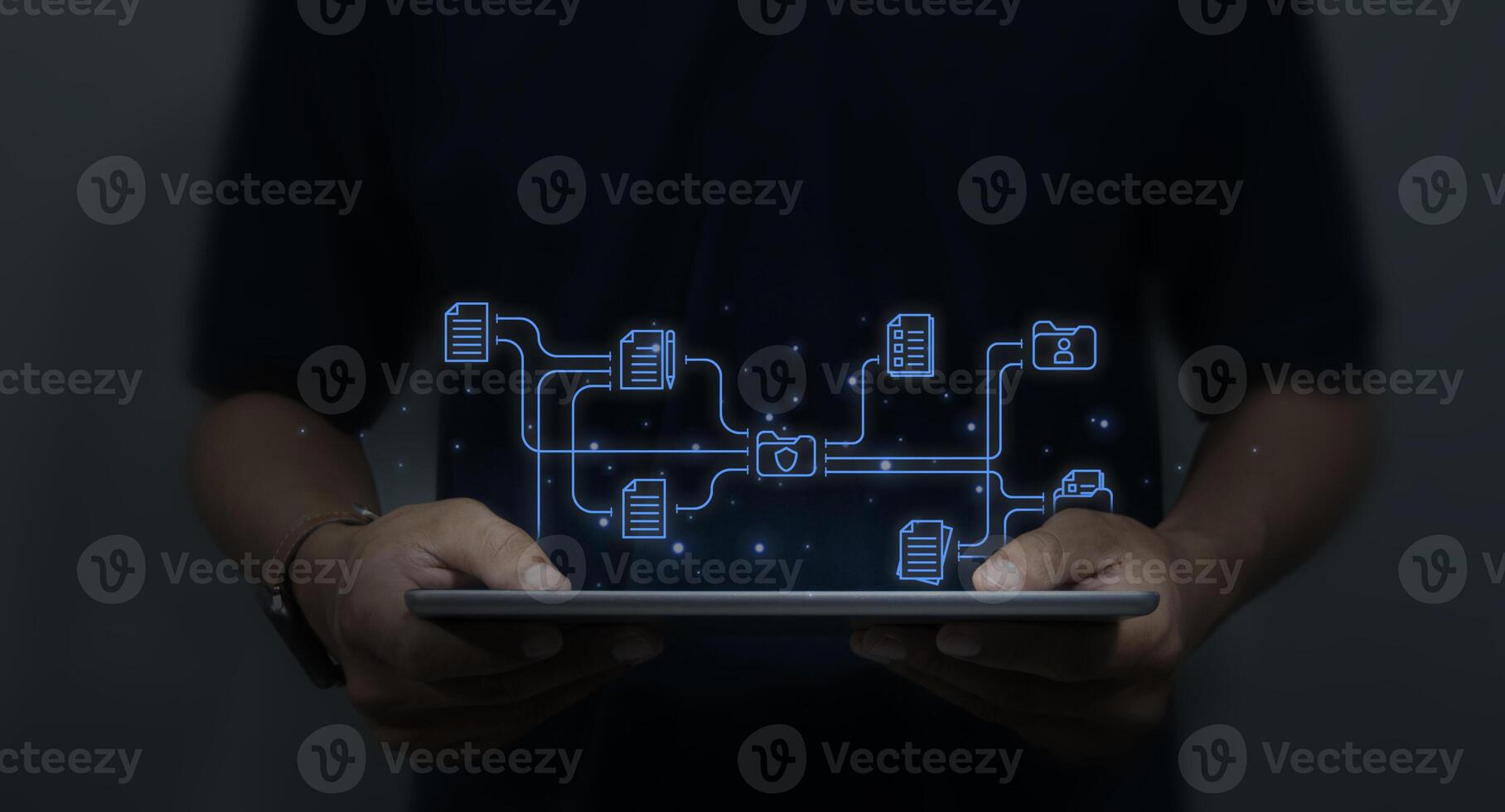 hand holding ipad Icons, document management systems and technology, business process automation, data file storage and archiving photo