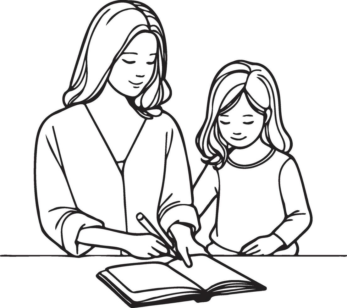 Mother and Kid Read Book Line Drawing. vector