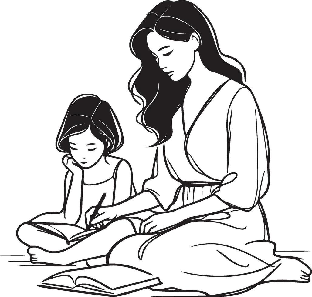 Mother and Kid Read Book Line Drawing. vector