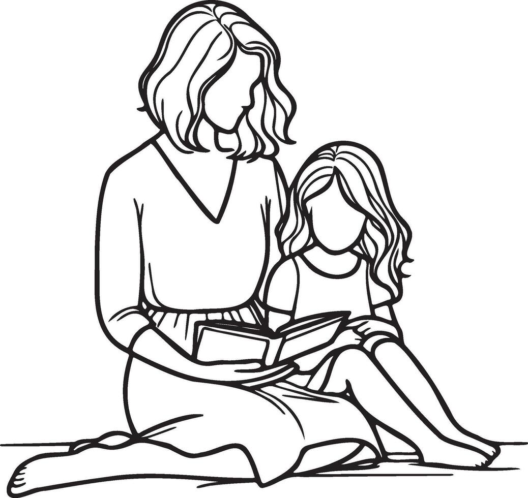 Mother and Kid Read Book Line Drawing. vector