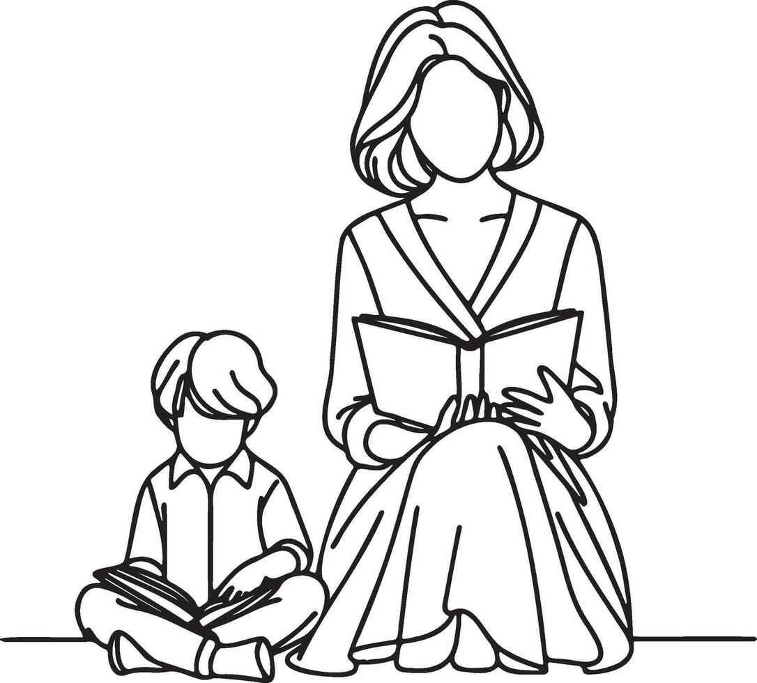 Mother and Kid Read Book Line Drawing. vector