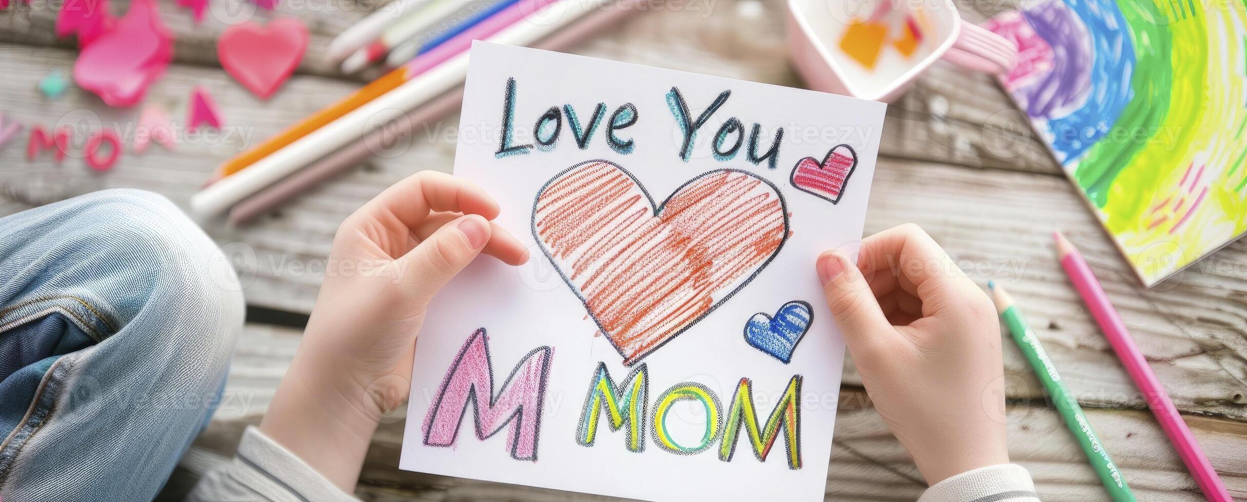 AI generated Hand drawing the text I Love You MOM photo