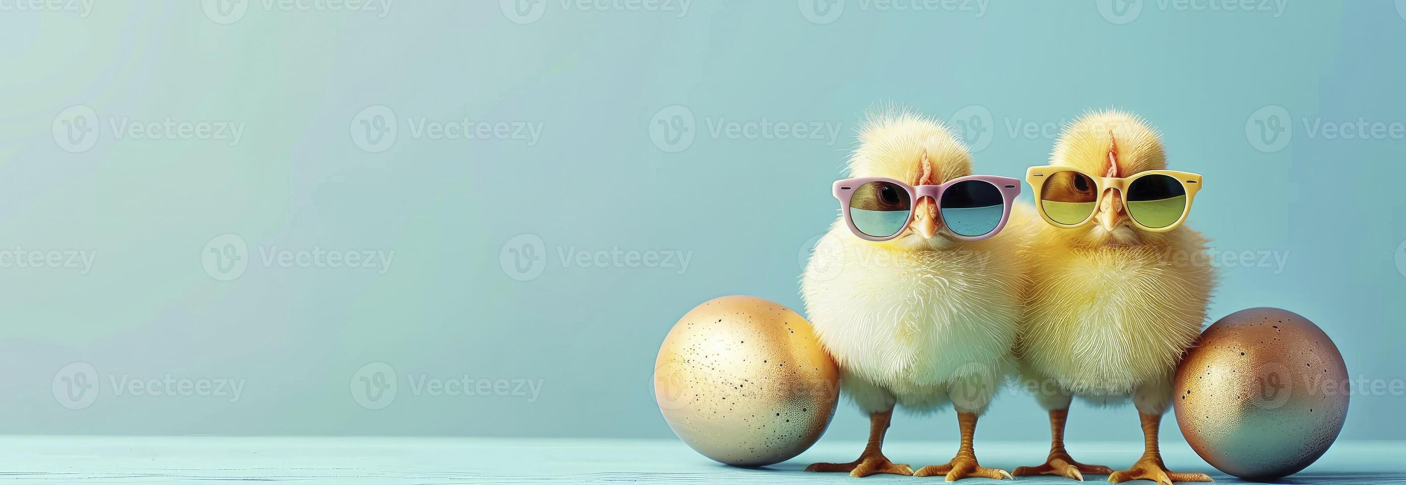 ai generado contento Pascua de Resurrección concepto pollo vistiendo Gafas de sol foto