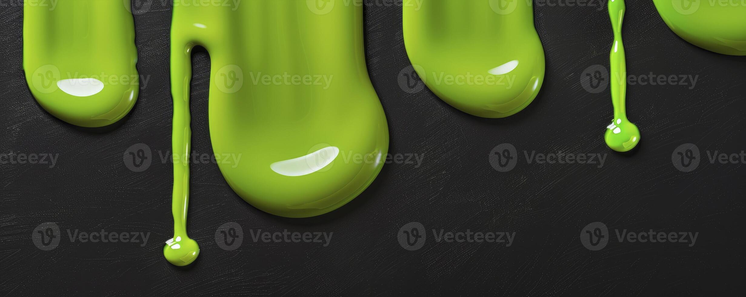 AI generated Viscous Green Fluid. Flowing Vertically in Smooth, Wavy Drips on a Black Surface photo