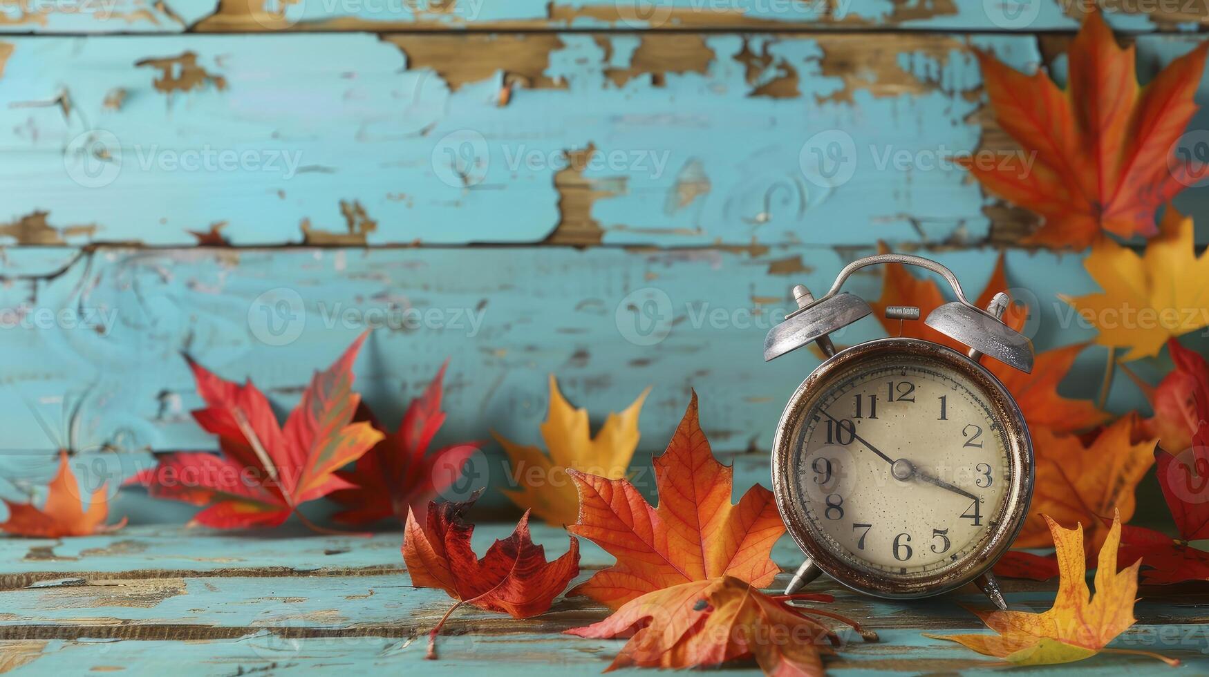 AI generated Alarm clock with color leaves on wooden table photo