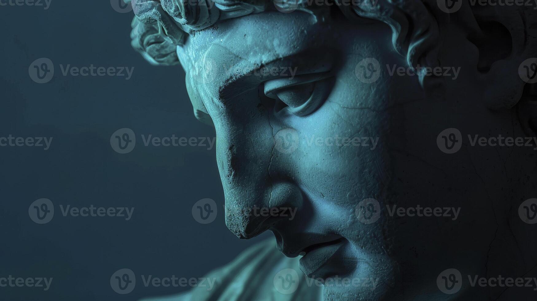 AI generated Reflective Sorrow. A Greek Plaster Figure's Sad Face Gazes Downward, Deep in Thought. photo