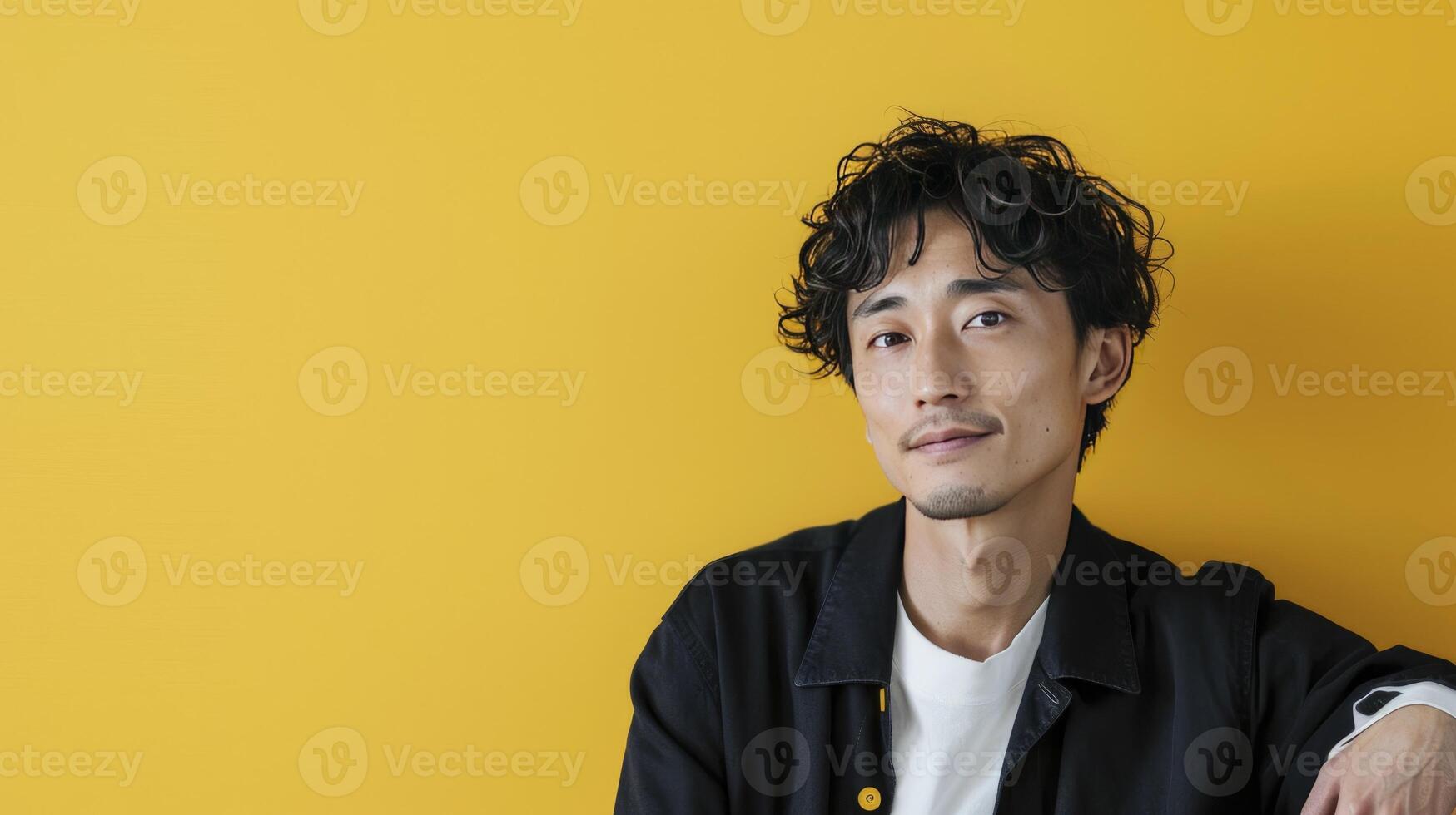 AI generated Cool and beautiful Japanese actor 30 years old, modern hairstyle on bright yellow background photo