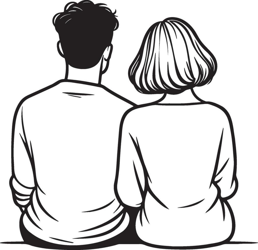 A Couple Sit Together Sketch Drawing. vector