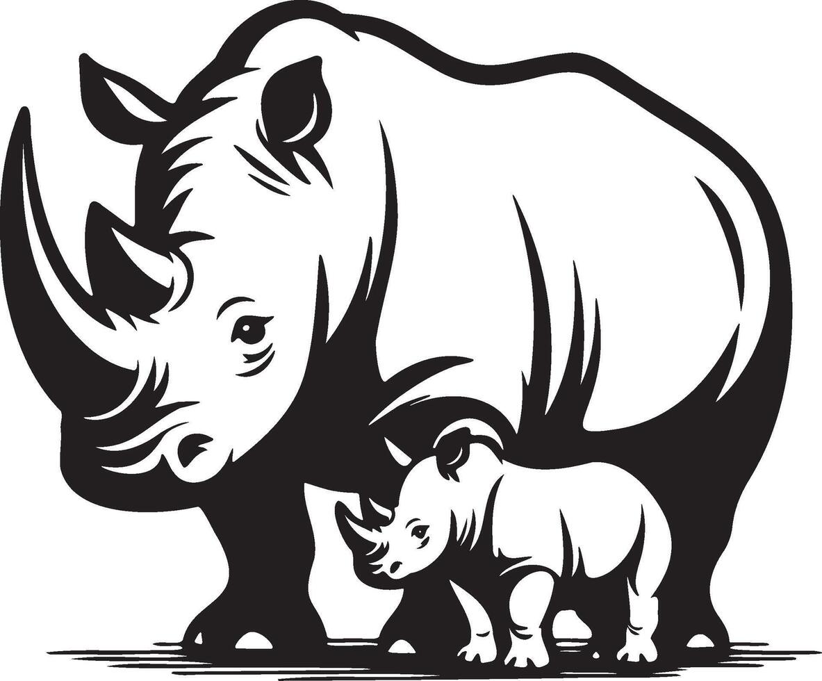 Rhino and Baby Sketching Drawing. vector