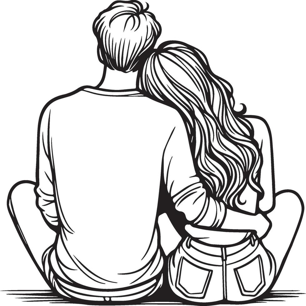 A Couple Sit Together Sketch Drawing. vector