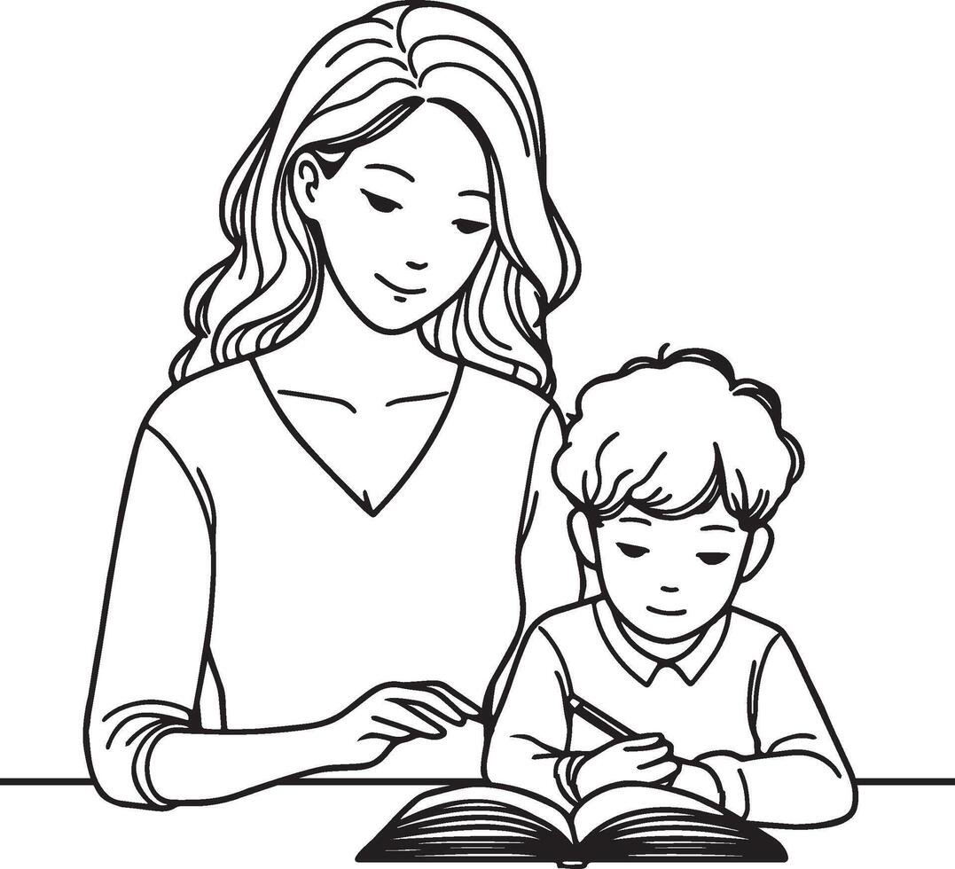 Mother and Kid Read Book Line Drawing. vector