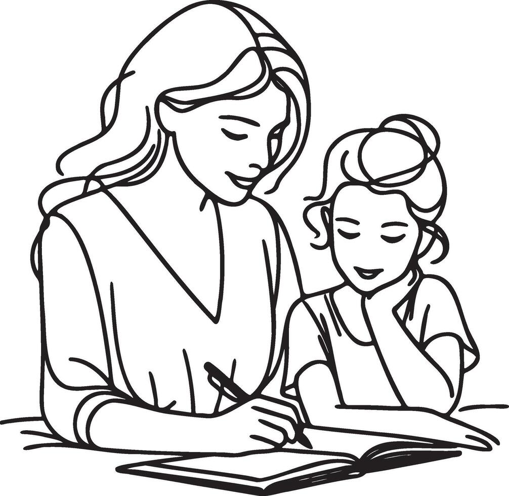 Mother and Kid Read Book Line Drawing. vector