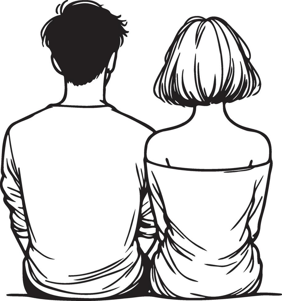 A Couple Sit Together Sketch Drawing. vector