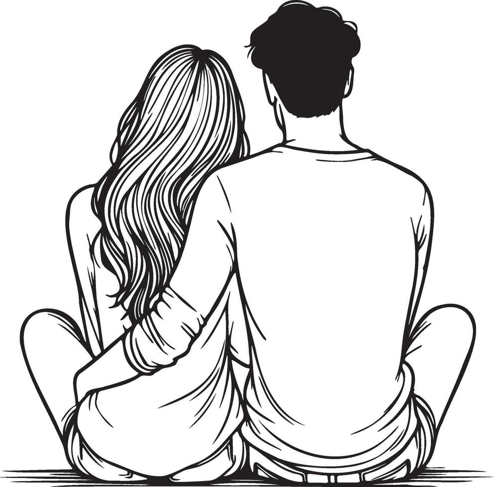 A Couple Sit Together Sketch Drawing. vector