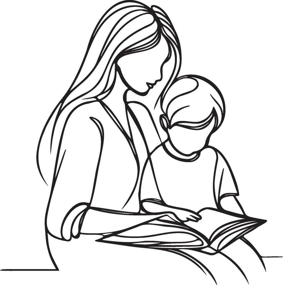 Mother and Kid Read Book Line Drawing. vector