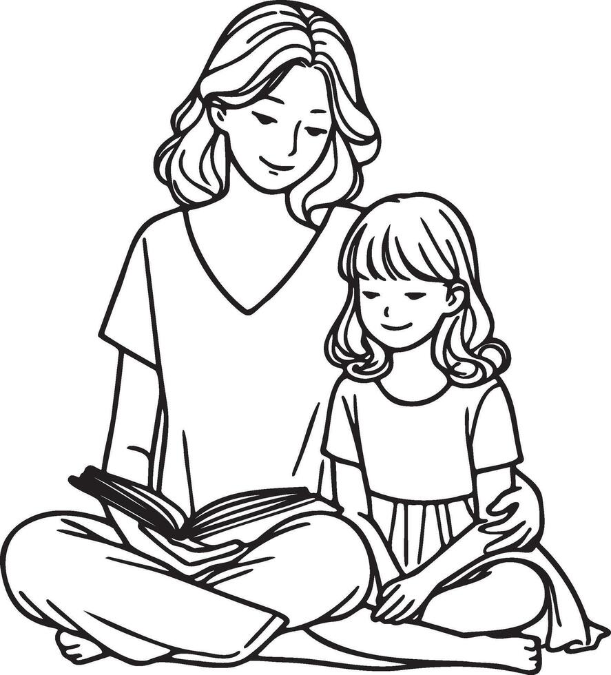 Mother and Kid Read Book Line Drawing. vector
