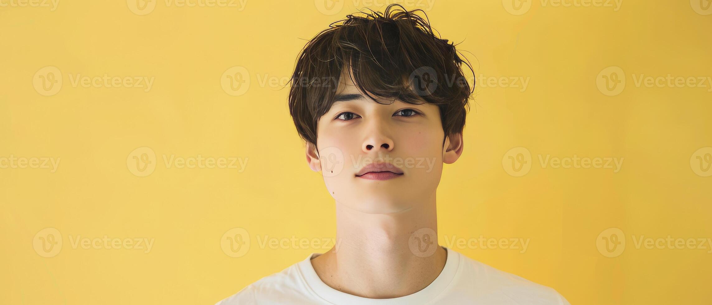 AI generated Cool and beautiful Japanese actor 30 years old, modern hairstyle on bright yellow background photo