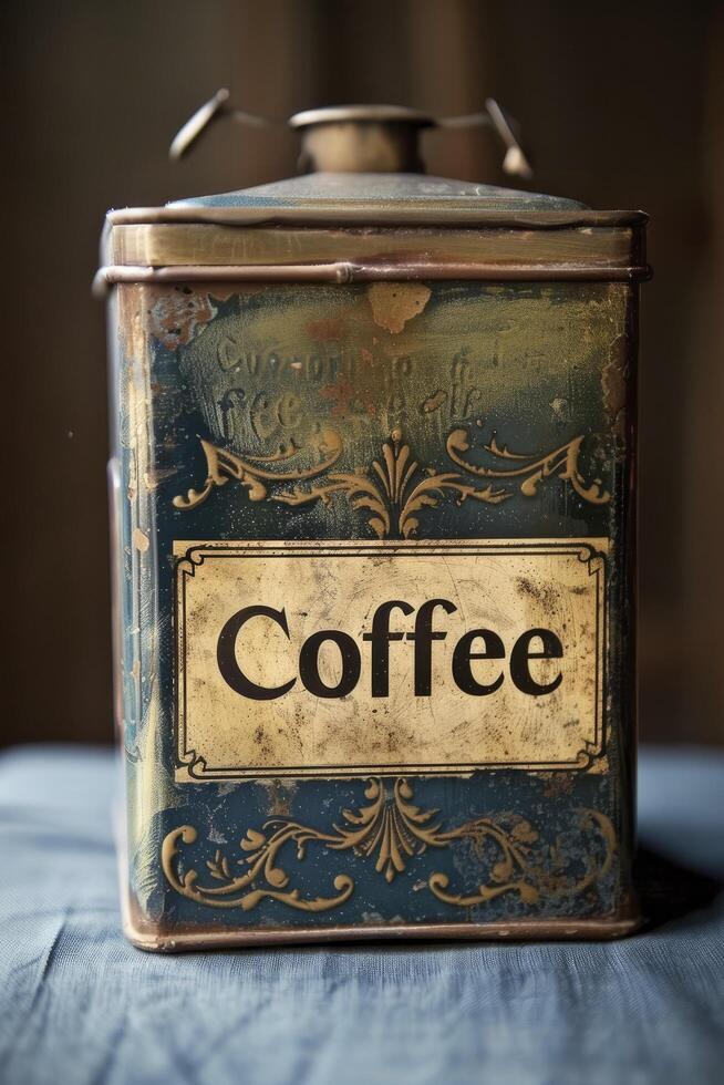 AI generated Vintage Charm, Classic Tea Antique Tin Repurposed with the Text Coffee photo
