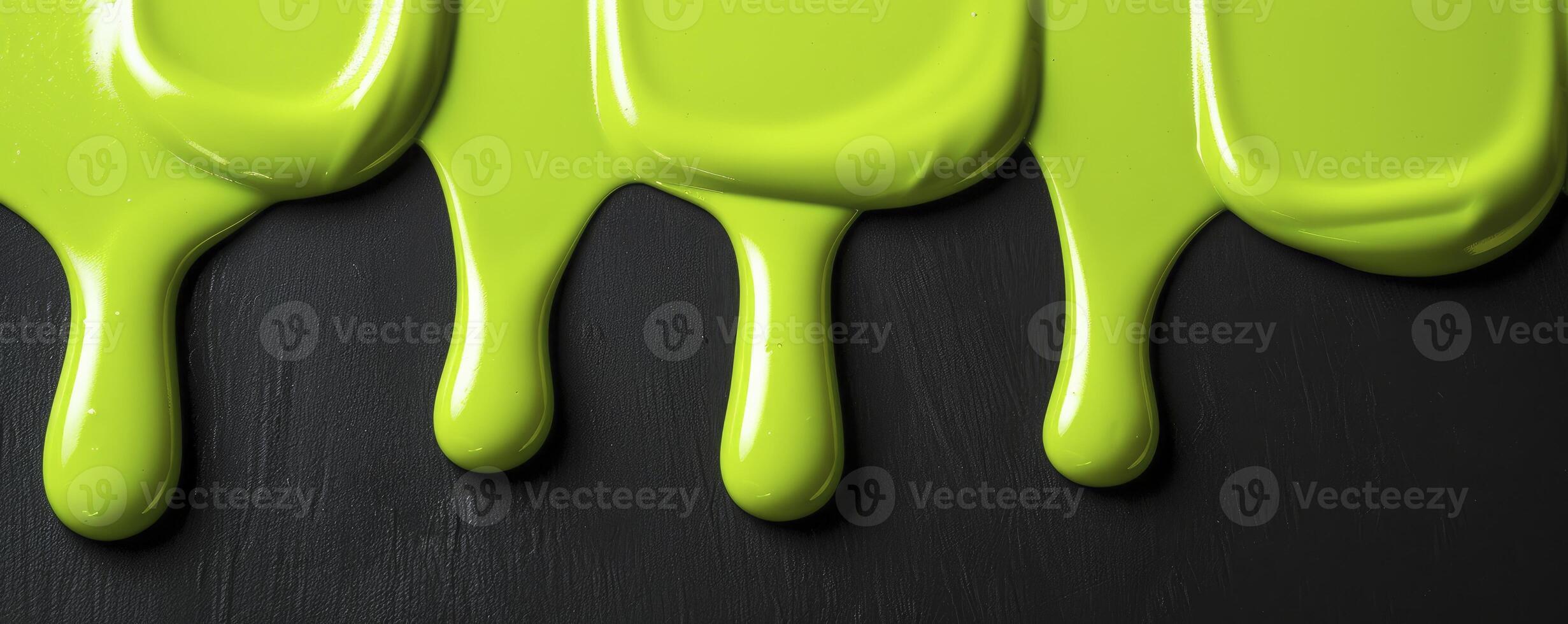 AI generated Viscous Green Fluid. Flowing Vertically in Smooth, Wavy Drips on a Black Surface photo