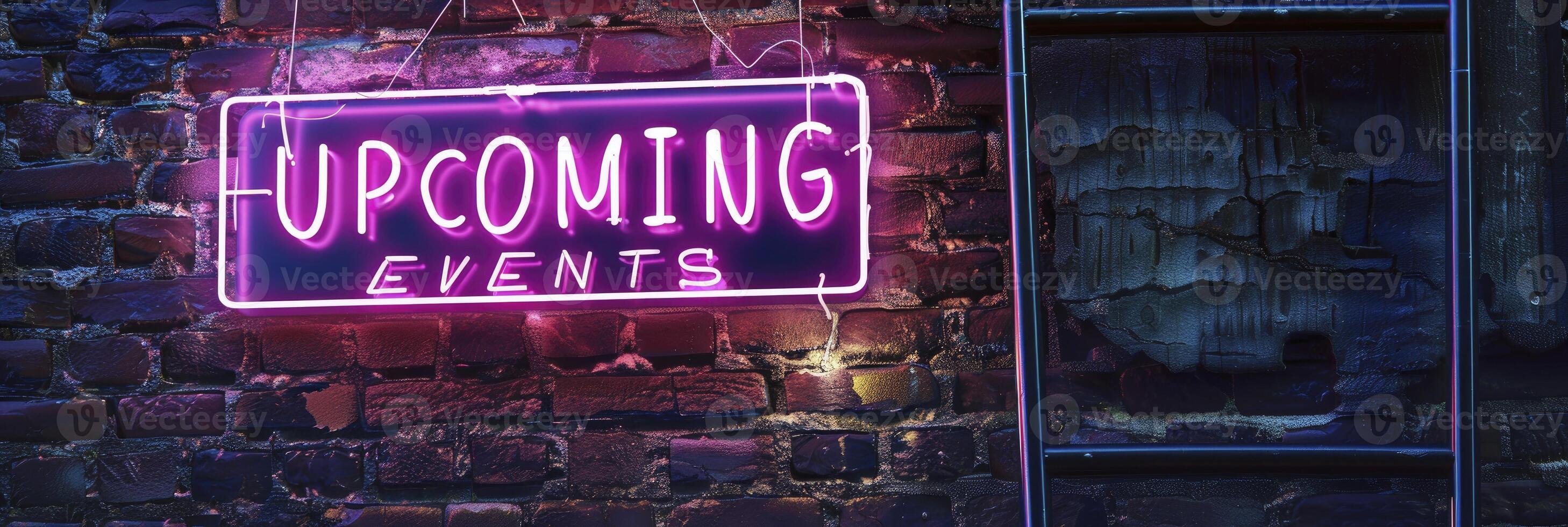 AI generated UPCOMING EVENTS in neon lettering, inviting attention and anticipation for upcoming gatherings photo