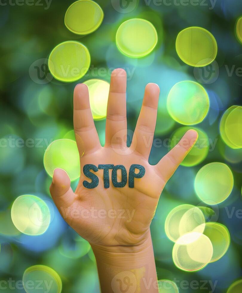 AI generated A hand with the text STOP against bokeh background. Stop polluted earth concept, Earth day. photo
