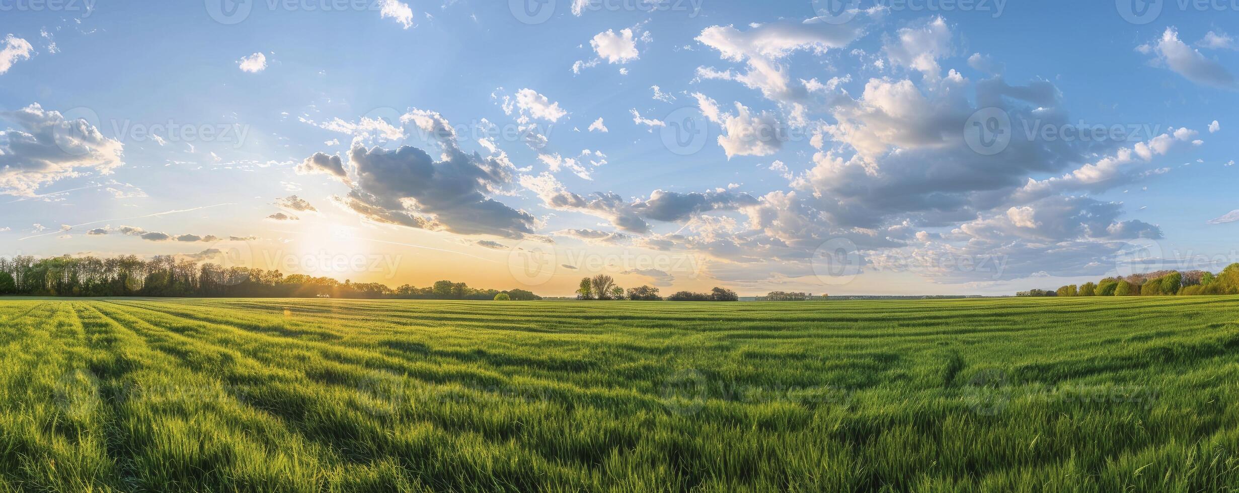 AI generated Embracing Spring Serenity, A Landscape Graced by Lush Green Fields and the Natural Beauty of the Season Gradient photo