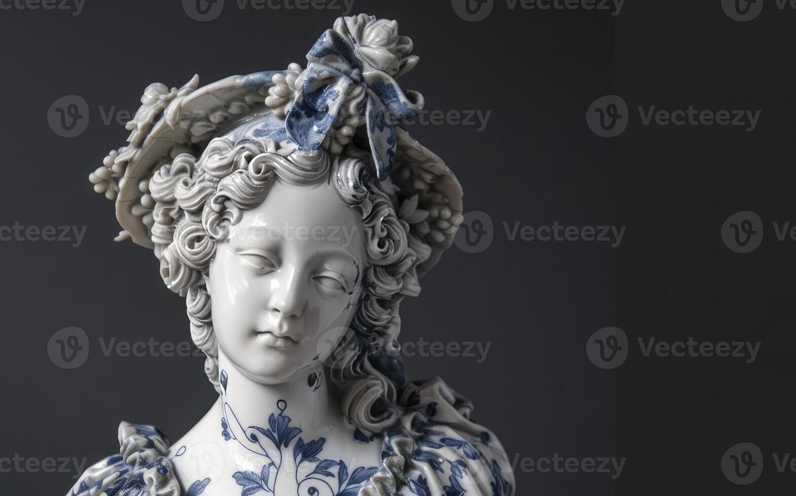 AI generated Baroque Elegance. Sculpted Female Figure Adorned with Surface Blue and White Porcelain Patterns, Exuding Timeless Beauty and Grace. photo