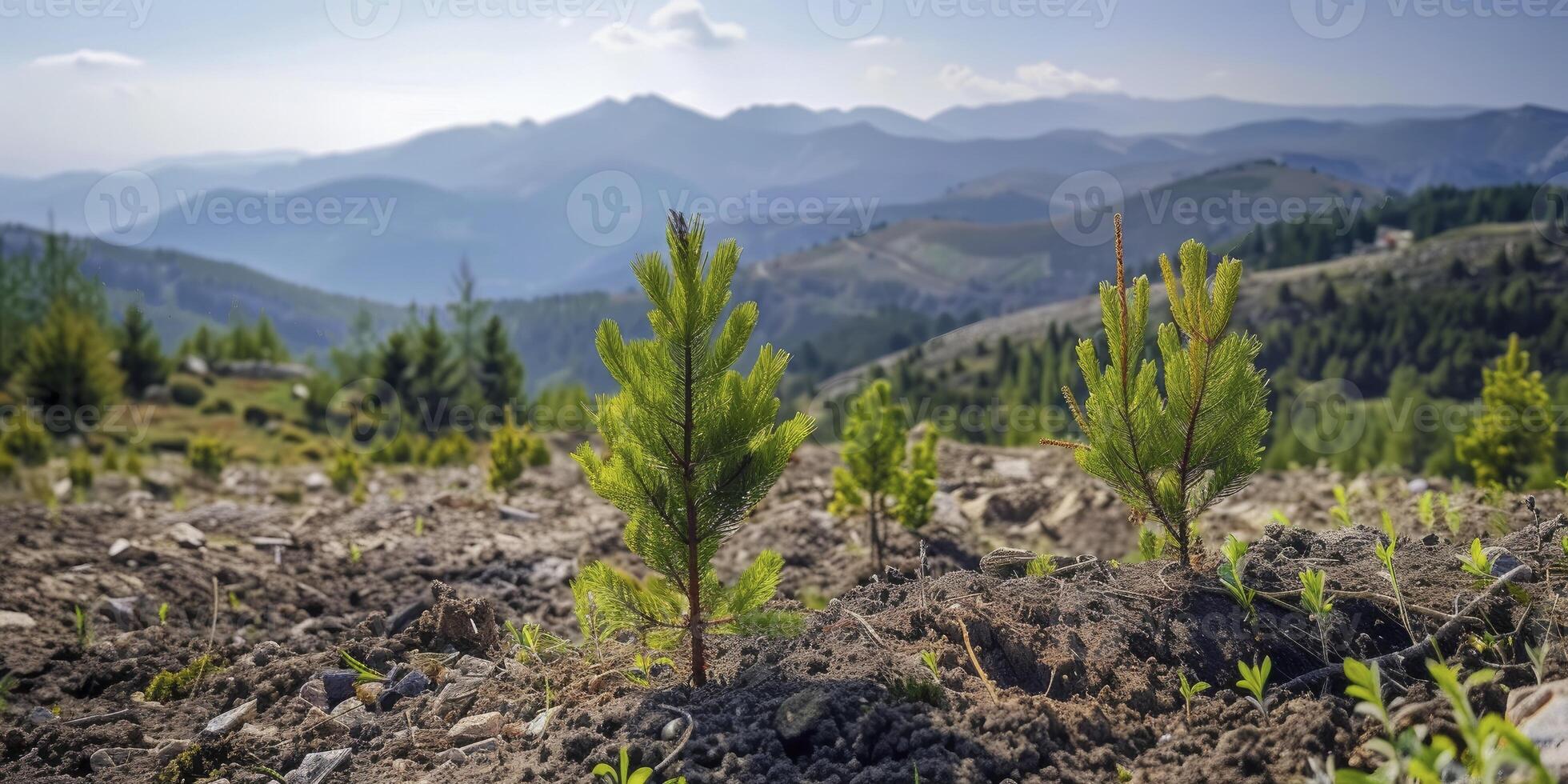 AI generated Rejuvenating Nature Canopy, Planting Conifer Trees in the Open Expanse of a Mountainous Landscape photo