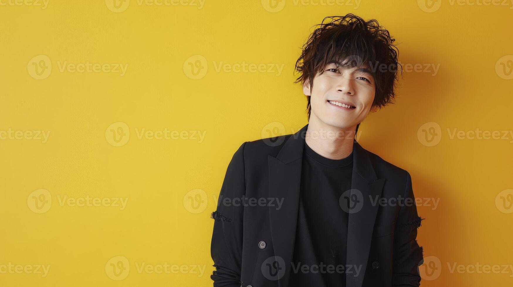 AI generated Cool and beautiful Japanese actor 30 years old, modern hairstyle on bright yellow background photo