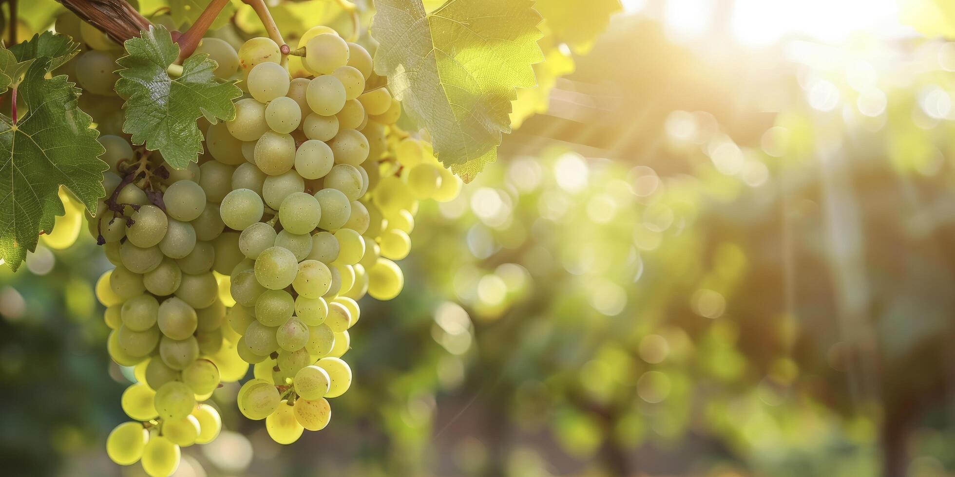 AI generated Cluster of Sunlit Green Grapes Dangling from Vine photo