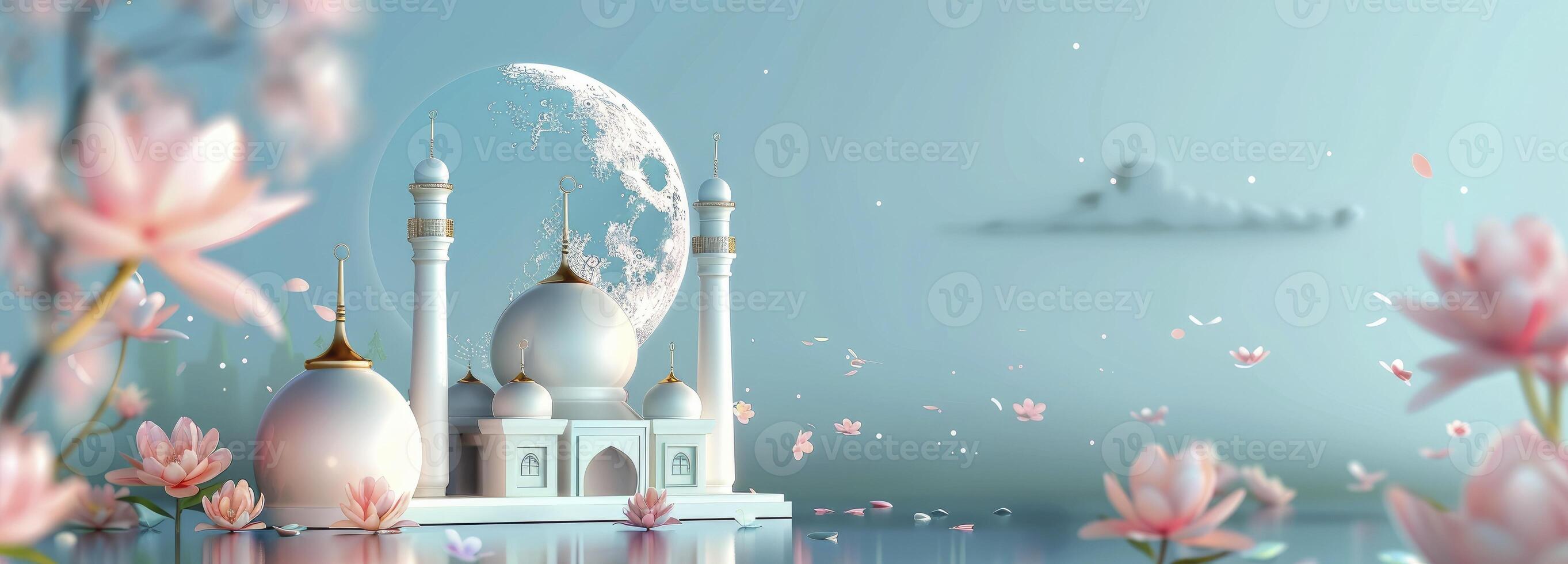 AI generated Mosque and moon with flowers against blue background photo
