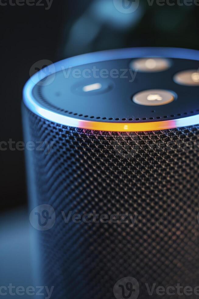 AI generated Close-Up of Smart Speaker, its Voice Command Indicators Illuminated, Ready to Respond photo