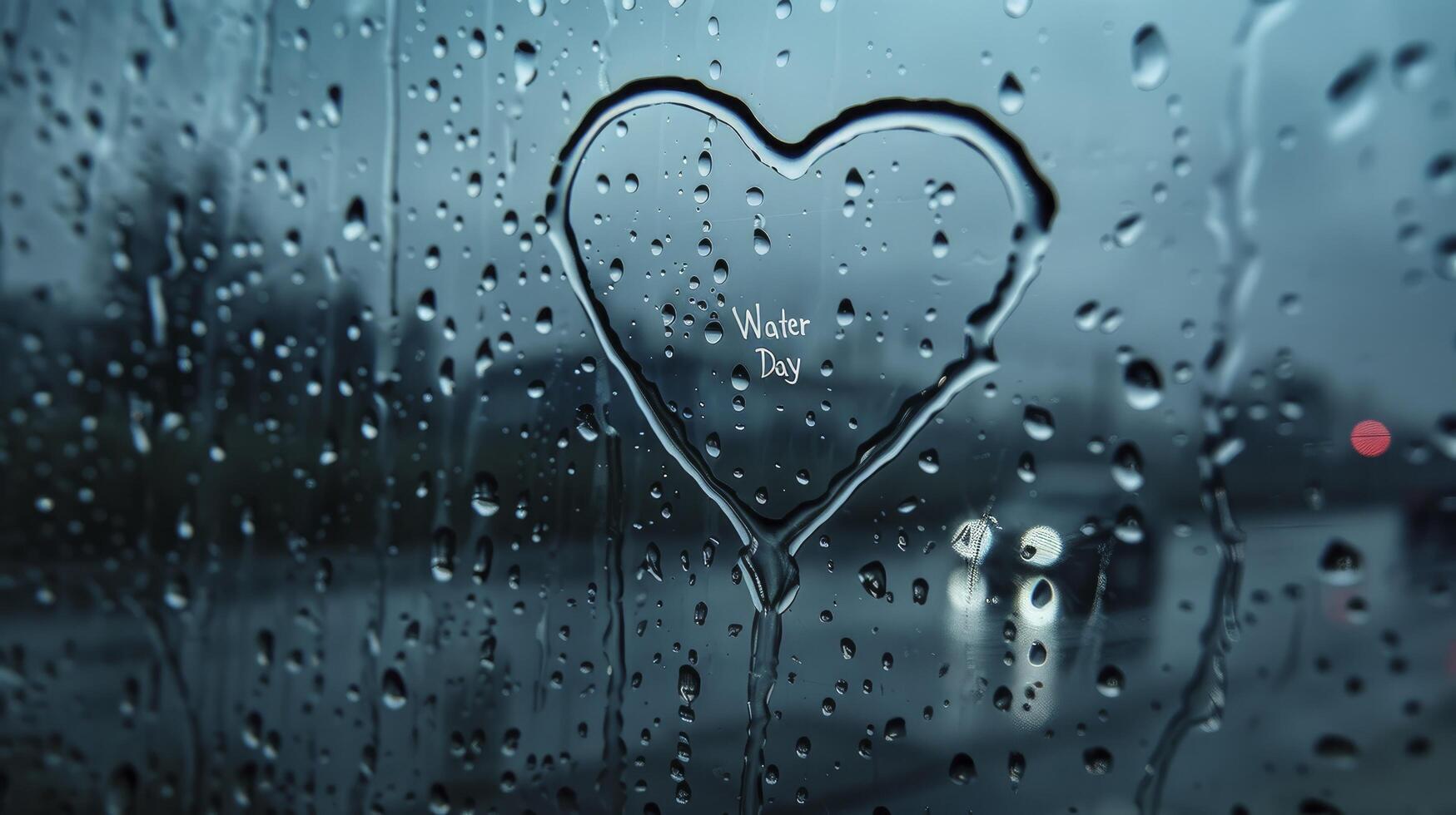 AI generated Rainy Reflections, Glass Window Adorned with Water Droplets on a Foggy Day, Featuring a Simple Heart Drawing with World Water Day Inside photo