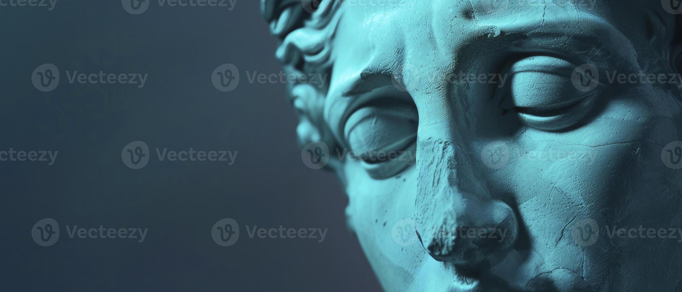 AI generated Reflective Sorrow. A Greek Plaster Figure's Sad Face Gazes Downward, Deep in Thought. photo