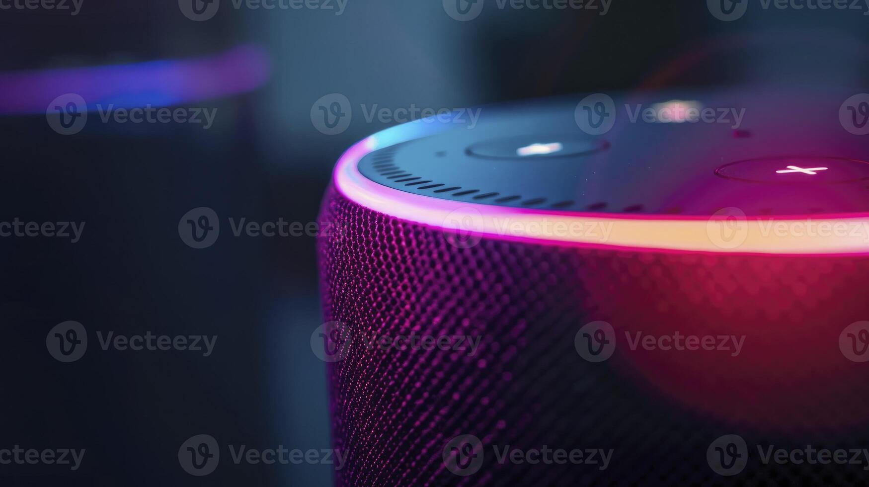 AI generated Close-Up of Smart Speaker, its Voice Command Indicators Illuminated, Ready to Respond photo