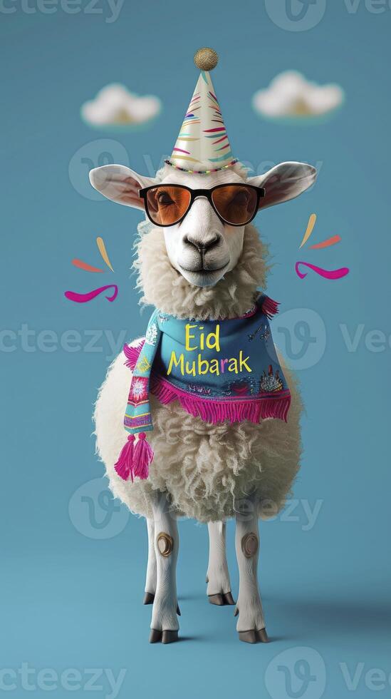 AI generated Eid concept sheep wearing a party hat and sunglasses, with the text Eid Mubarak photo