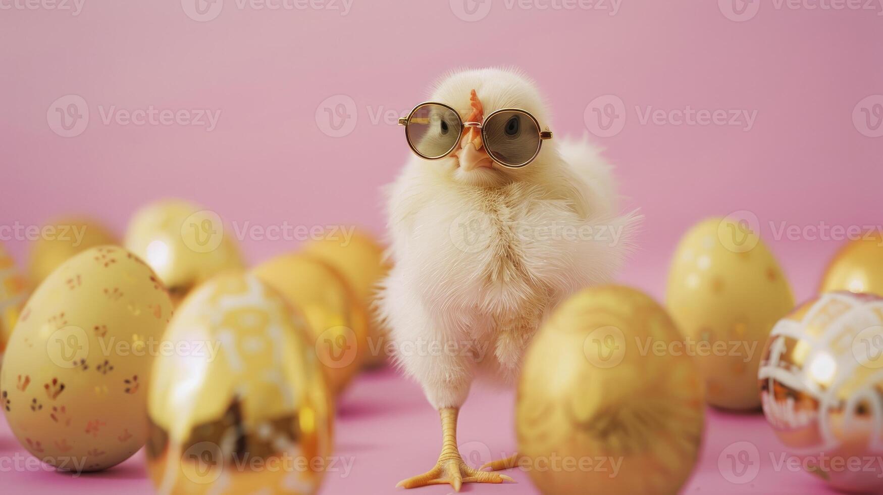 ai generado contento Pascua de Resurrección concepto pollo vistiendo Gafas de sol foto