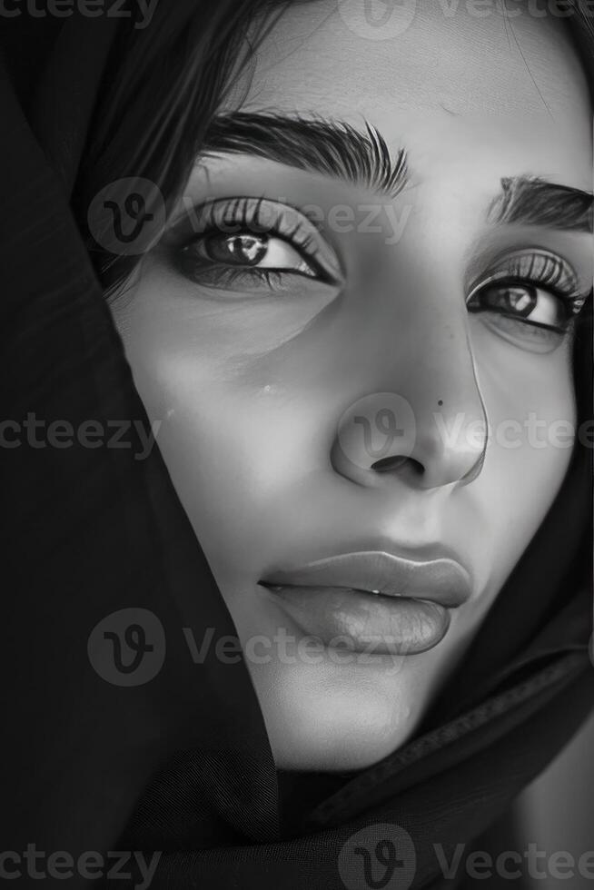 AI generated Elegant Grace. Black and White Photography Showcasing the Beautiful Features of an Arab Girl, Capturing Timeless Beauty and Sophistication. photo