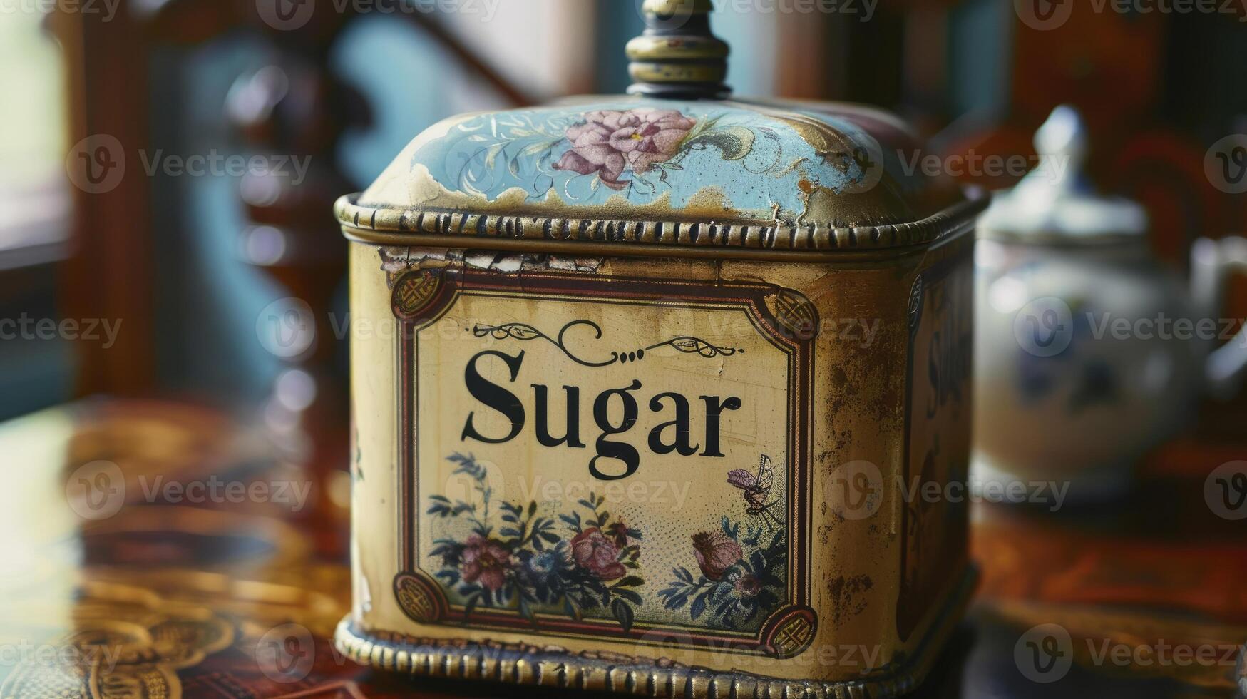 AI generated Reviving Tradition, Classic Tea Antique Tin Reimagined as Sugar Container photo