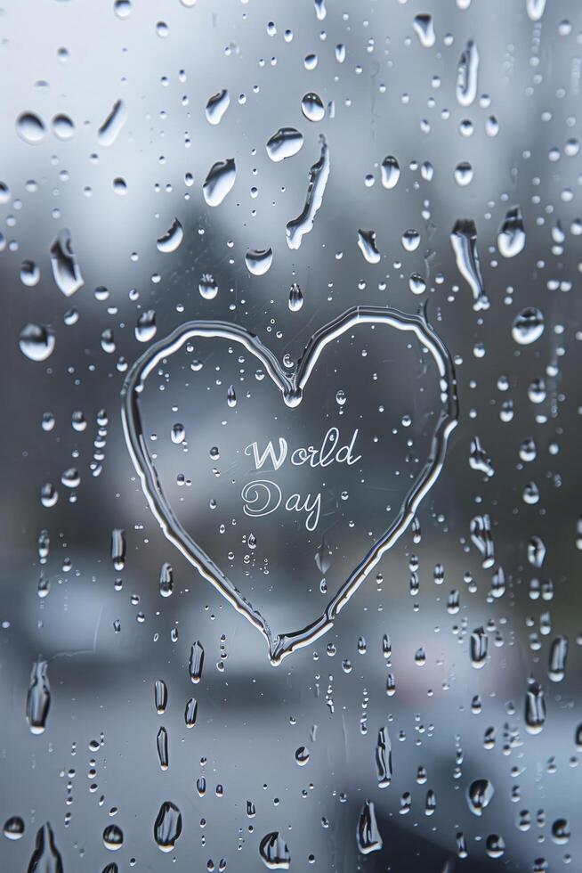 AI generated Rainy Reflections, Glass Window Adorned with Water Droplets on a Foggy Day, Featuring a Simple Heart Drawing with World Water Day Inside photo