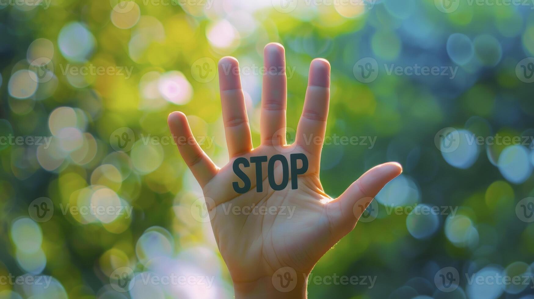 AI generated A hand with the text STOP against bokeh background. Stop polluted earth concept, Earth day. photo