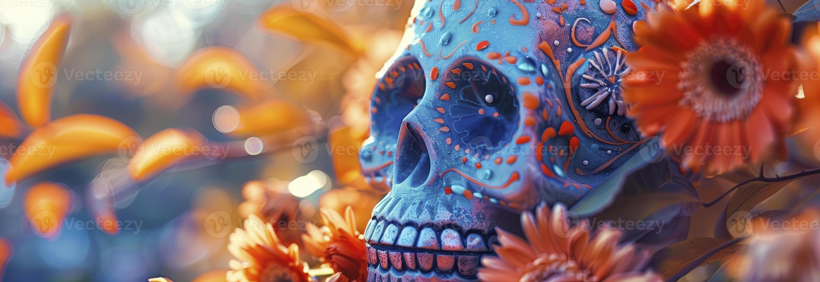 AI generated Orange skull with flowers, Cinco de Mayo day concept photo