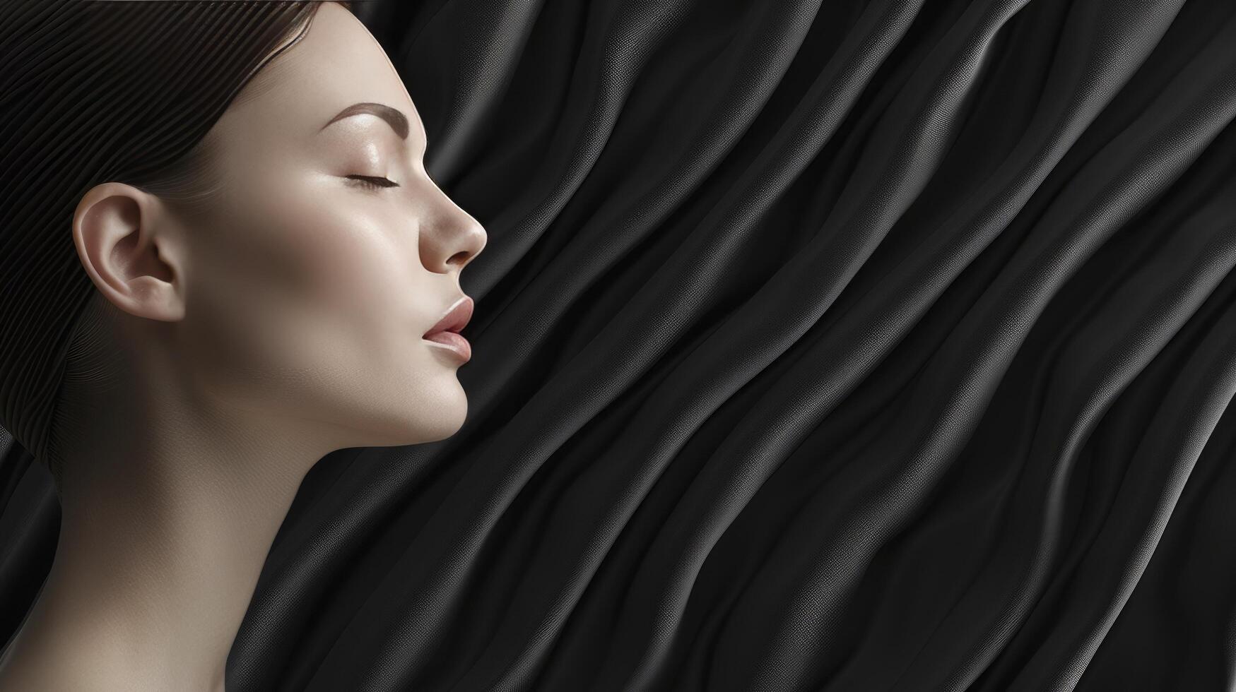 AI generated Elegance in Skin. A Woman Models Skincare Against a Luxurious Black Background with Minimalistic Lines. photo