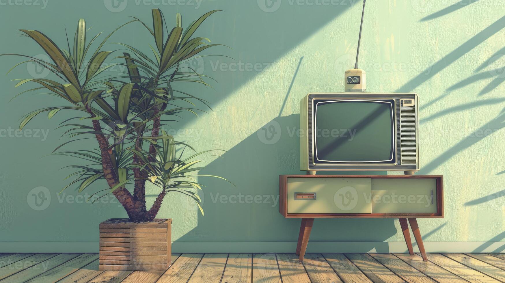 AI generated Vintage Retro Television Set Against a Blue Weathered Wall Background photo