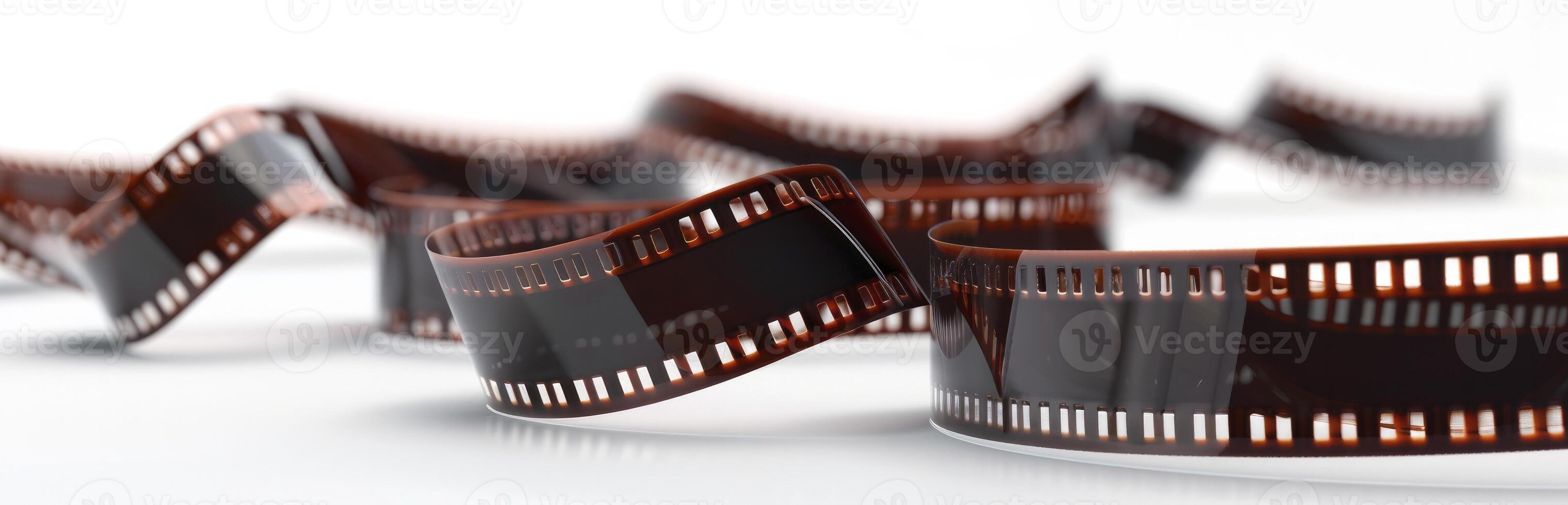 AI generated Vintage Charm. 35mm Film Strip Resting on a Clean White Background, Each Frame Meticulously Rendered for Nostalgic Appeal. photo
