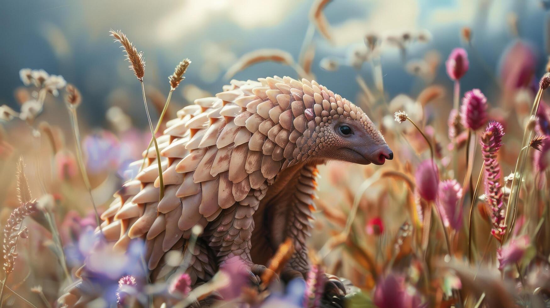 AI generated Pangolin in the the natural flowers field background photo