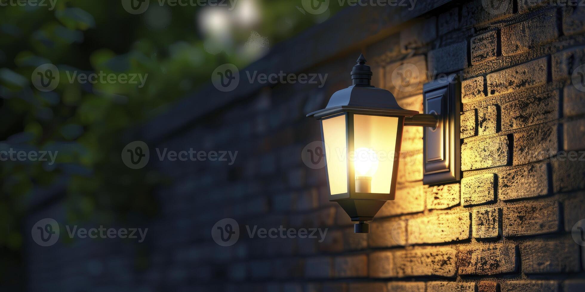 AI generated Night Glow. Close-Up of a Wall Lamp Illuminating the Compound Wall with Bright White Light, Adding Elegance to the Night Scene. photo