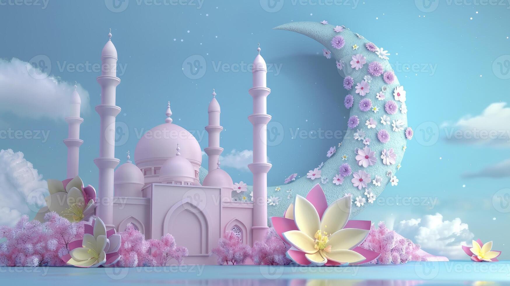 AI generated Mosque and moon with flowers against blue background photo