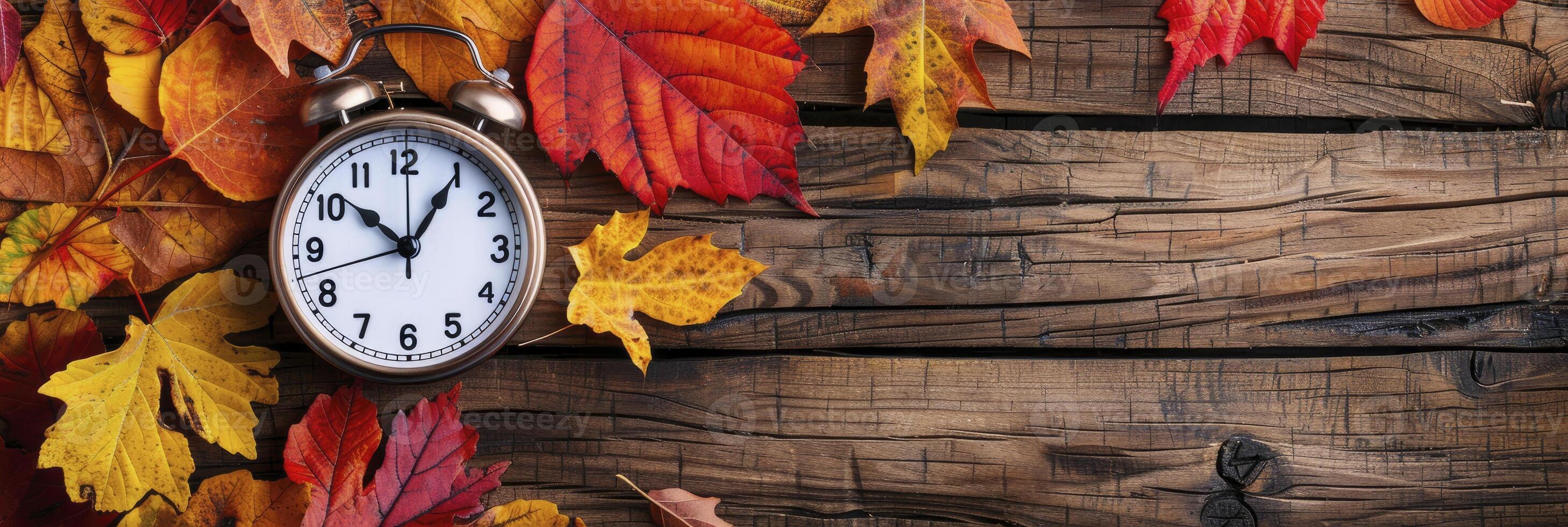 AI generated Alarm clock with color leaves on wooden table photo