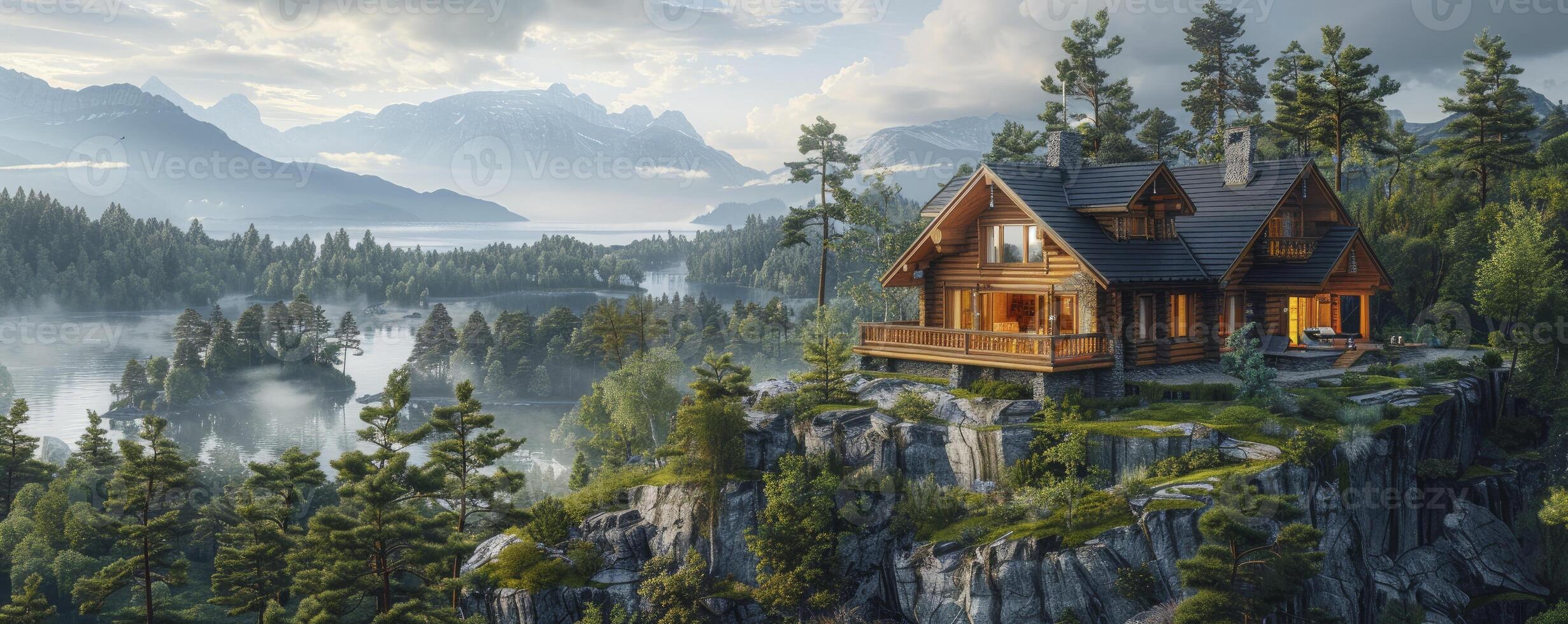 AI generated Rustic Retreat. Log Cabin Nestled in the Forest atop a Cliff, Overlooking a Valley with Majestic Mountains in the Distance. photo